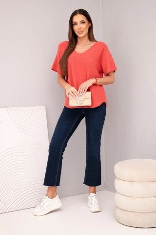 Bluzka damska sweterkowa z krótkim rękawem i dekoltem w serek malinowa