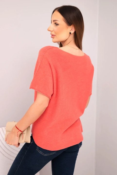 Bluzka damska sweterkowa z krótkim rękawem i dekoltem w serek malinowa