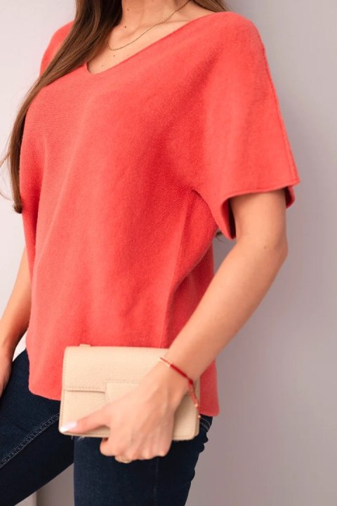 Bluzka damska sweterkowa z krótkim rękawem i dekoltem w serek malinowa