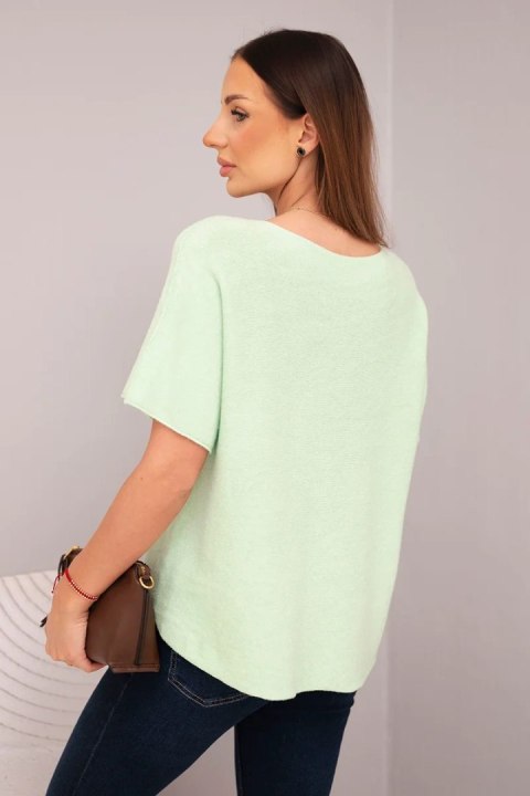 Bluzka damska sweterkowa z krótkim rękawem i dekoltem w serek miętowa