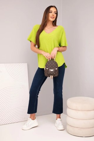 Bluzka damska sweterkowa z krótkim rękawem i dekoltem w serek pistacjowa