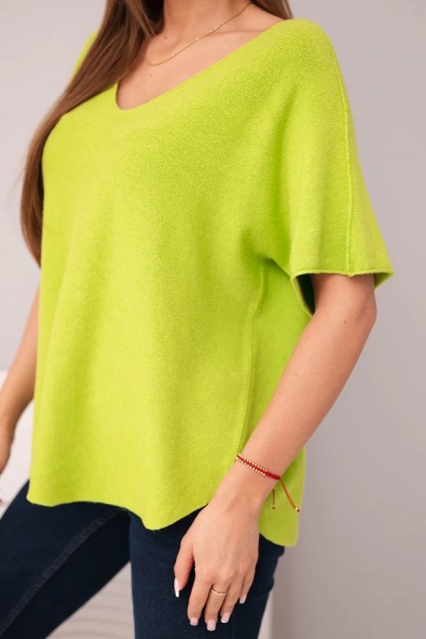 Bluzka damska sweterkowa z krótkim rękawem i dekoltem w serek pistacjowa