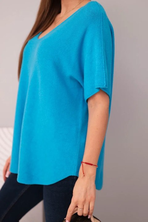 Bluzka damska sweterkowa z krótkim rękawem i dekoltem w serek turkusowa