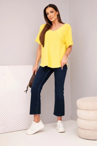 Bluzka damska sweterkowa z krótkim rękawem i dekoltem w serek żółta