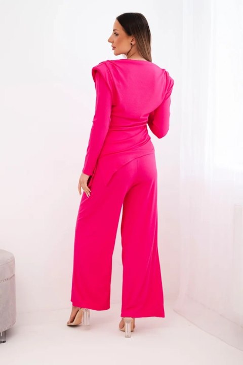 Komplet damski bawełniany z bluzką i spodniami z szeroką nogawką fuksja