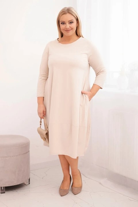 Sukienka damska bawełniana Plus Size z podwijanym rękawem i kieszeniami beżowa