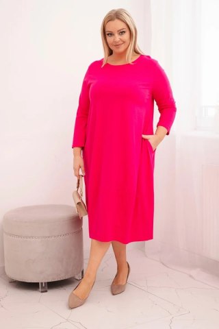 Sukienka damska bawełniana Plus Size z podwijanym rękawem i kieszeniami fuksja