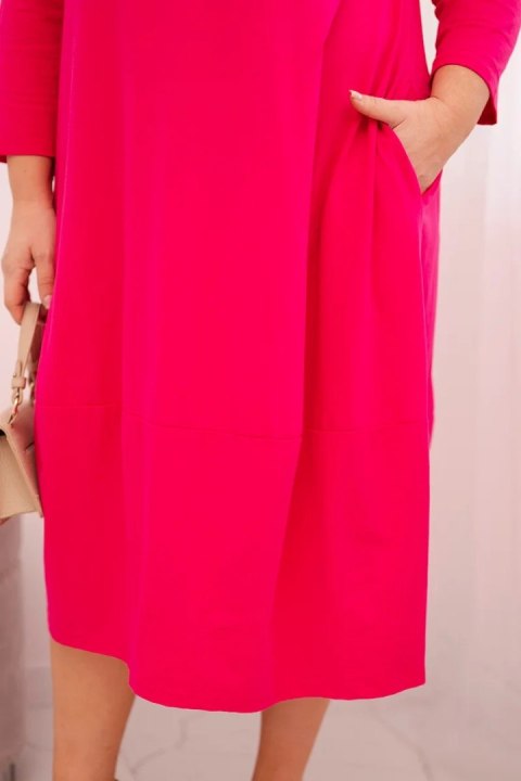 Sukienka damska bawełniana Plus Size z podwijanym rękawem i kieszeniami fuksja
