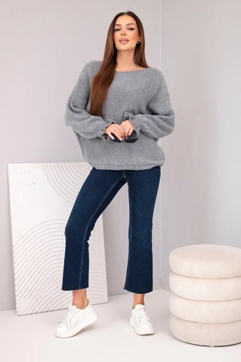 Sweter damska z moheru z marszczonymi rękawami i wycięciem na plecach ciemny szary