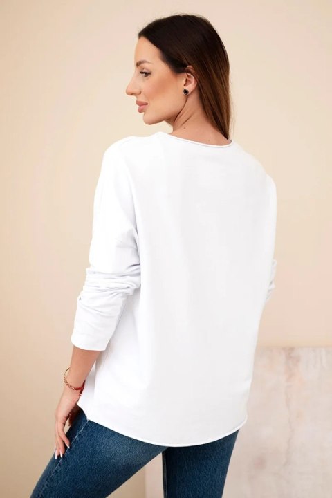 Bluzka damska bawełniana z haftowanymi kwiatami i dekoltem V biały+niebieski