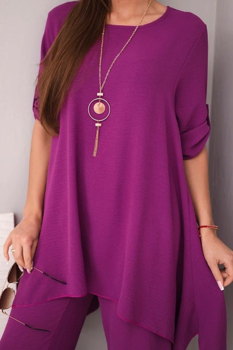 Komplet bluzka + spodnie z wisiorkiem bakłażanowy