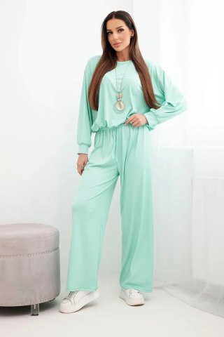 Komplet damski wiskozowy bluza z wisiorkiem i szerokie spodnie miętowy