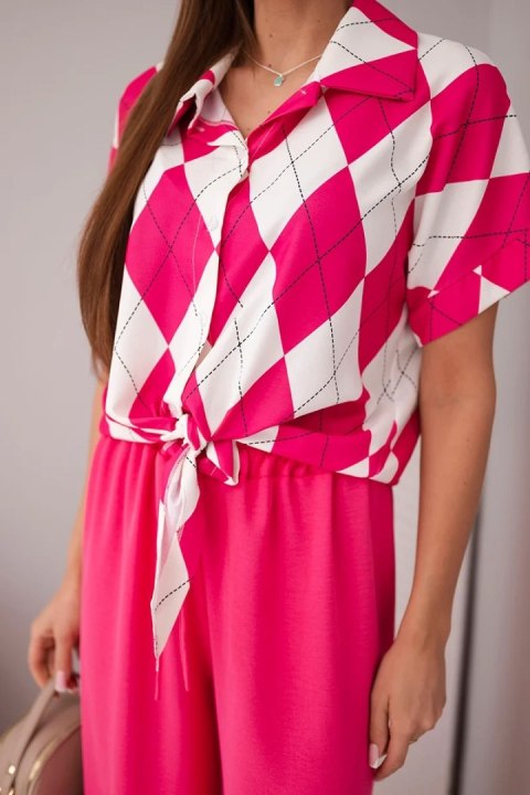 Komplet damski wiskozowy koszula z wiązaniem i spodnie z gumką fuksja