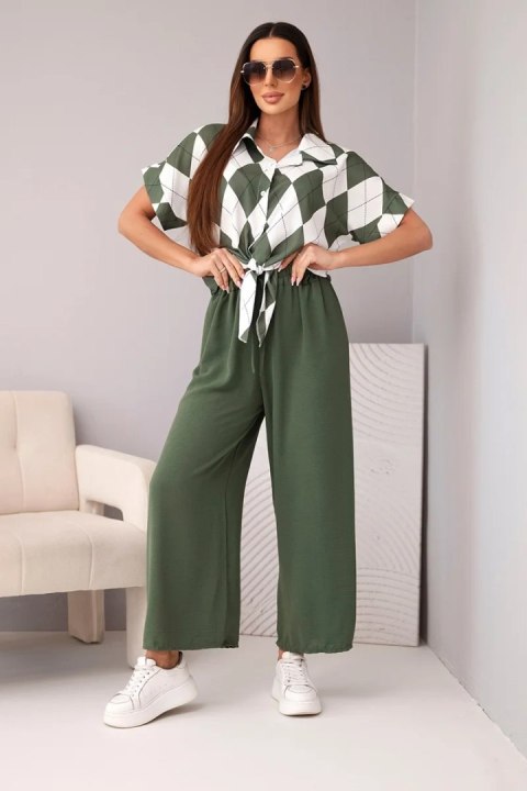 Komplet damski wiskozowy koszula z wiązaniem i spodnie z gumką khaki