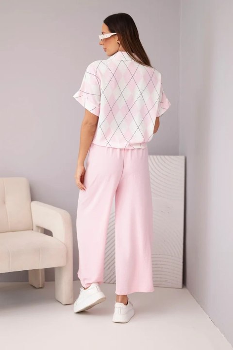 Komplet damski wiskozowy koszula z wiązaniem i spodnie z gumką pudrowy róż