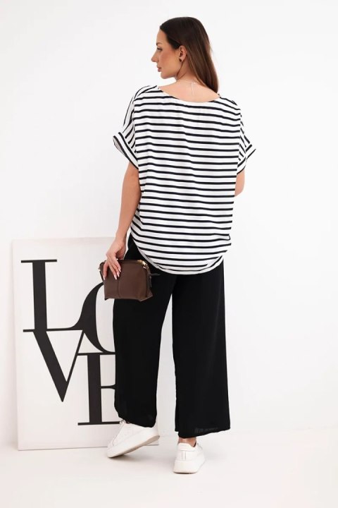 Komplet damski wiskozowy z bluzką w paski i szerokiemi spodniami z gumką czarny