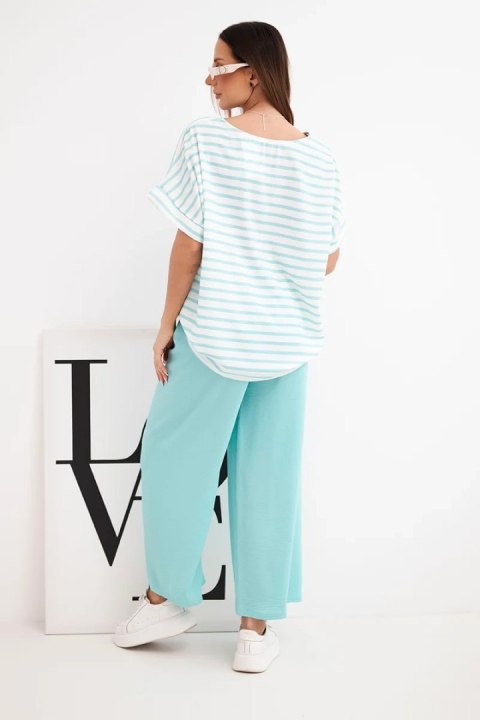 Komplet damski wiskozowy z bluzką w paski i szerokiemi spodniami z gumką miętowy
