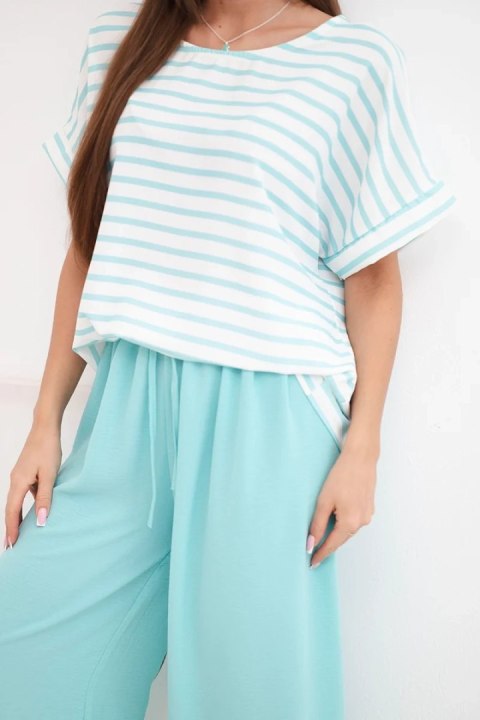 Komplet damski wiskozowy z bluzką w paski i szerokiemi spodniami z gumką miętowy
