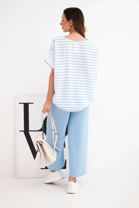 Komplet damski wiskozowy z bluzką w paski i szerokiemi spodniami z gumką niebieski