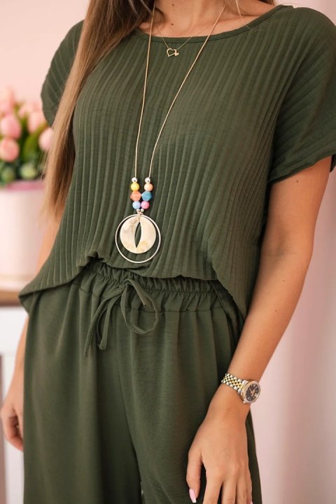 Komplet z wiskozy bluzka plisowana + spodnie khaki