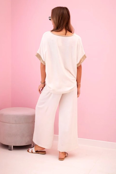 Komplet z wiskozy ze złotym obszyciem beżowy