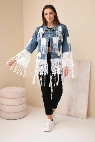 Kurtka jeansowa damska bawełniana z frędzlami i koronką w stylu boho ciemno jeansowa