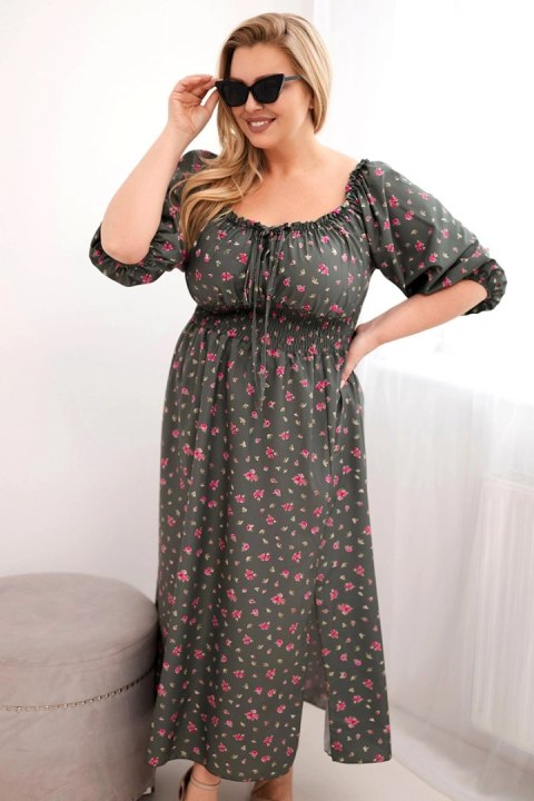 Sukienka damska Plus Size z dekoltem na troczki i elastyczną talią khaki