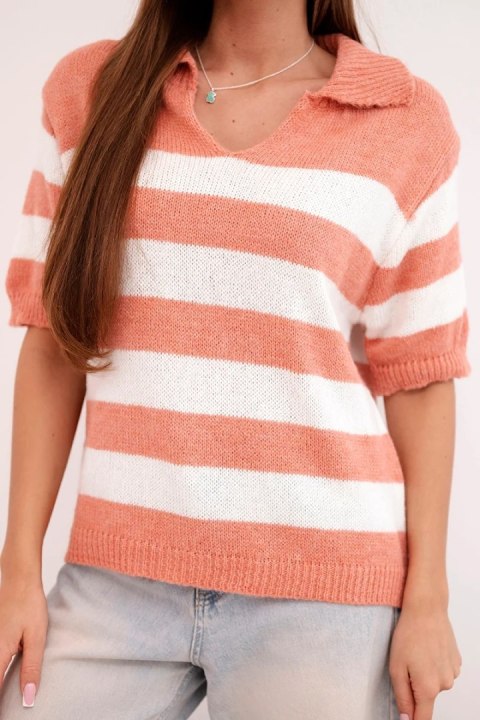 Sweter damski w paski z kołnierzem i krótkim rękawem rudy