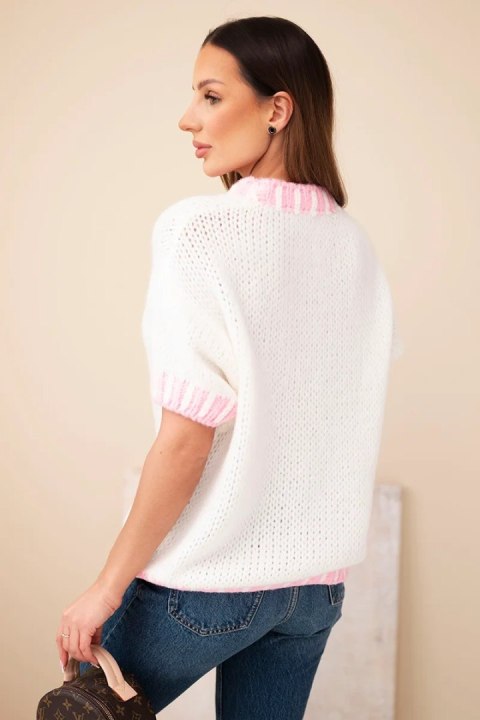 Sweter damski z krótkim rękawem i kontrastowym ściągaczem ecru