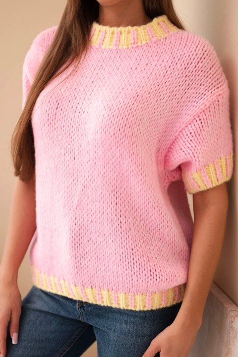 Sweter damski z krótkim rękawem i kontrastowym ściągaczem jasno różowy