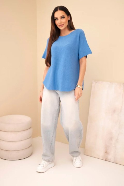 Sweter damski z krótkim rękawem o luźnym kroju niebieski